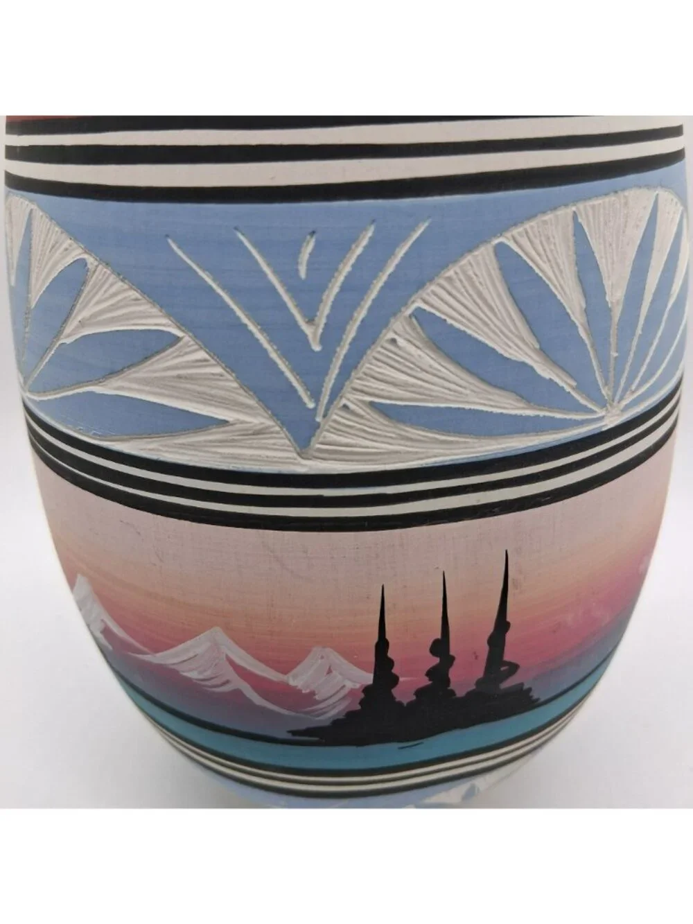 Navajo Pottery Vase Southwest Desert Landscape & Etched Pastel Signed